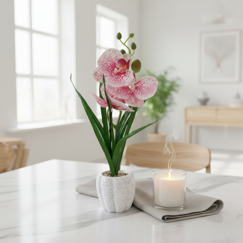 Pink & White Artificial Phalaenopsis Orchid Plant with Chalk Plastic Pot - 35cm