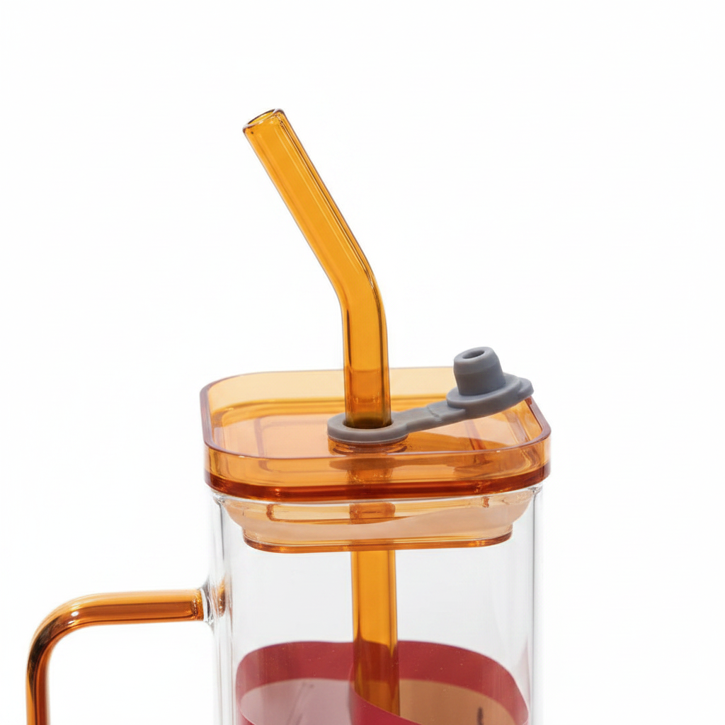 Yuniverse Square Glass Juice Mug with Straw — 400ml