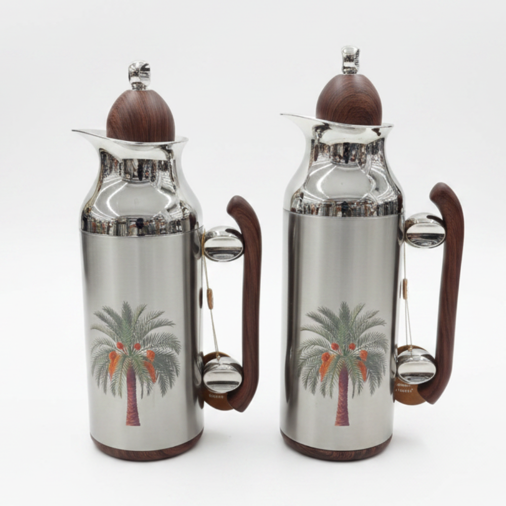 Mahra Vacuum Flask Set | 1L + 0.7L | Silver With Dark Wood Edition