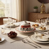 Yuniverse Melamine Serving Tray with Dome Lid – 32 cm White with Arabian Pattern Design