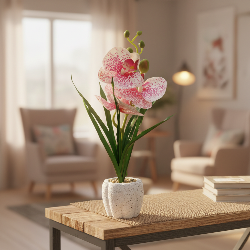 Pink & White Artificial Phalaenopsis Orchid Plant with Chalk Plastic Pot - 35cm