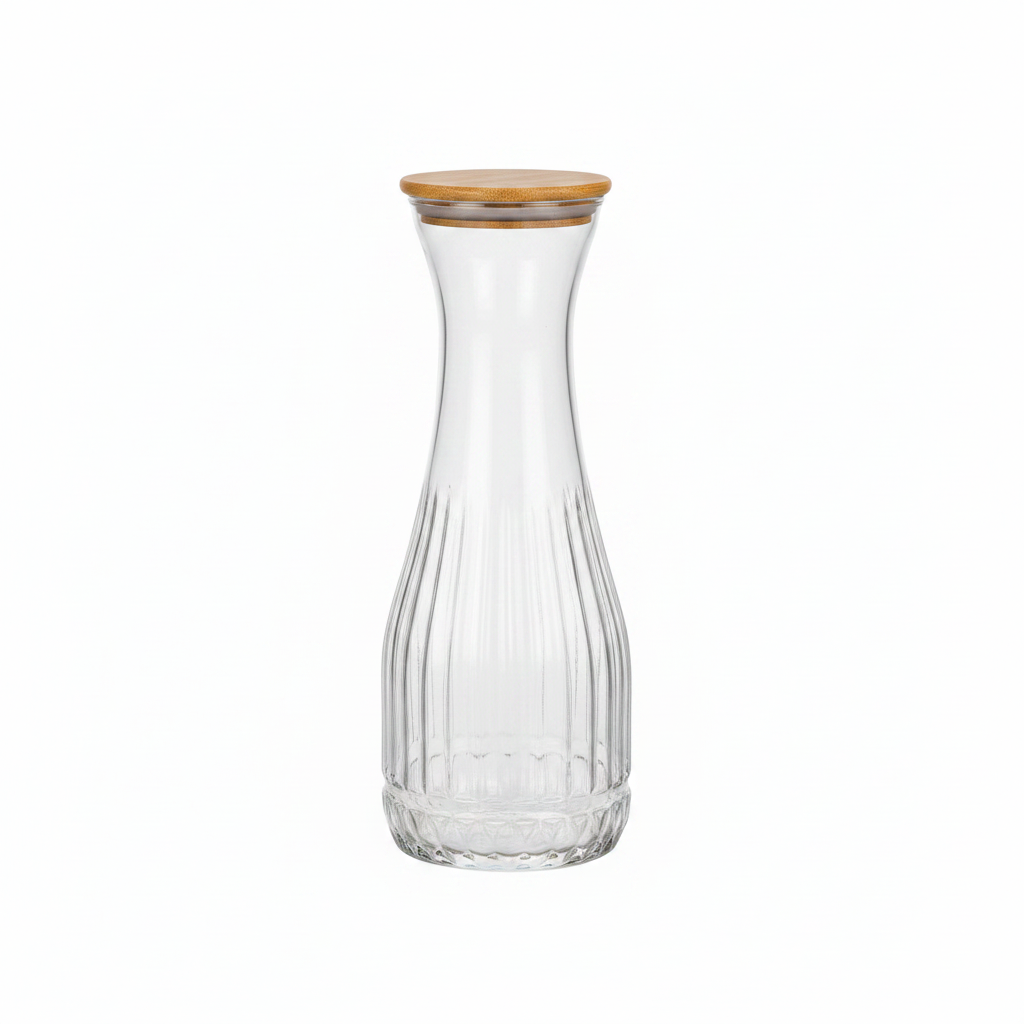 Ribbed Glass Carafe with Bamboo Lid - 1000ml