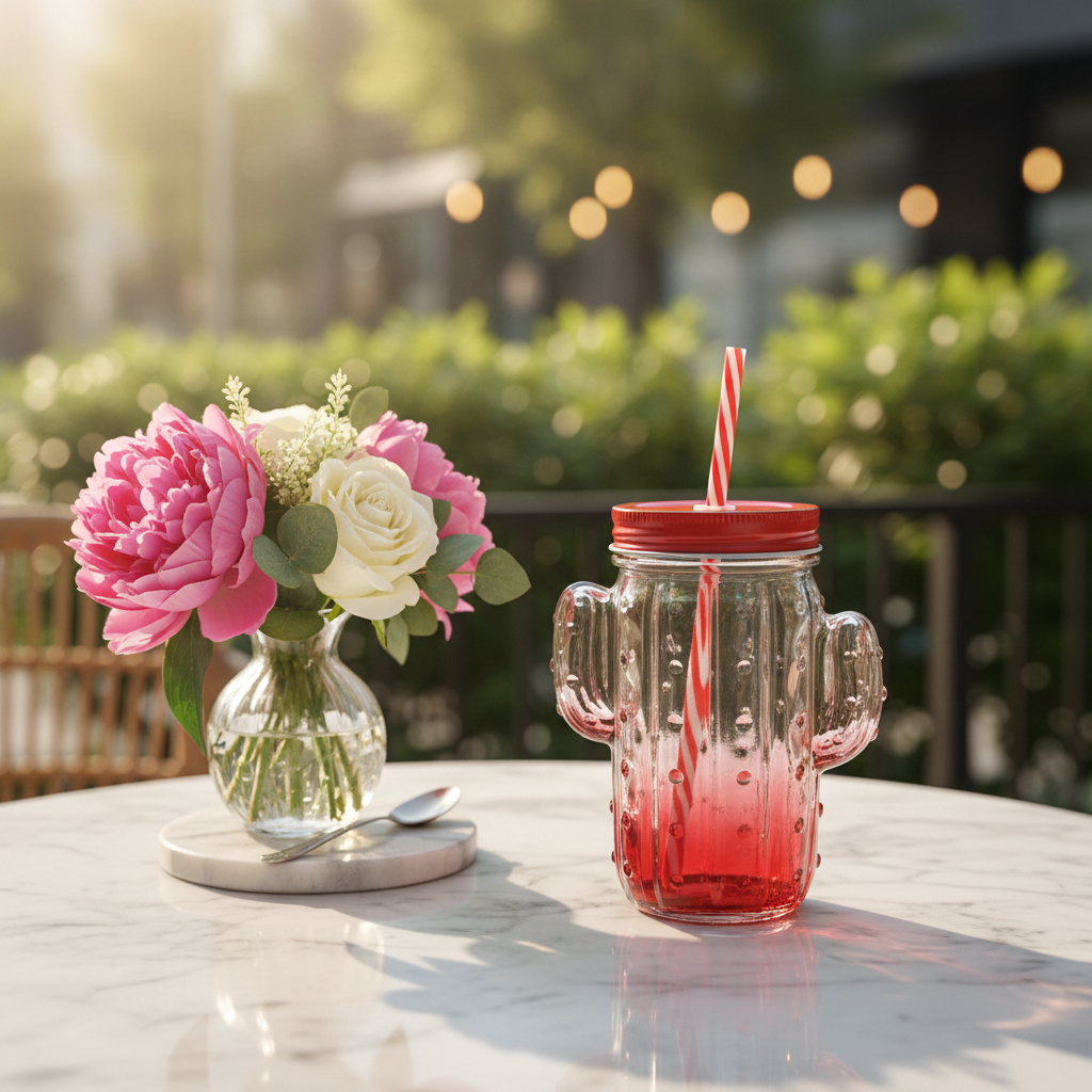 Cactus Glass Jar with Straw - 400ml - Red / Green