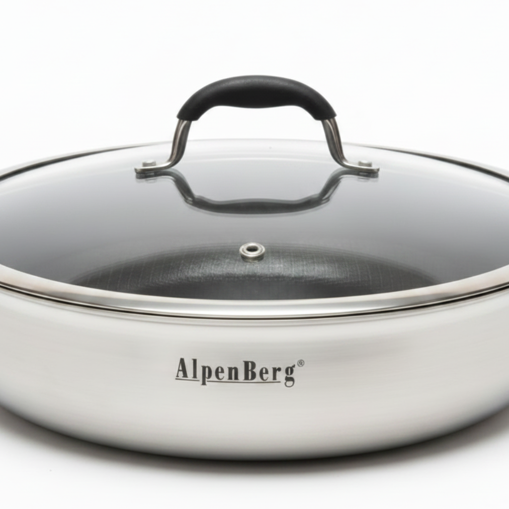 AlpenBerg Silver 3-Ply Stainless Steel Low Casserole with Glass Lid — 4.1 Litre