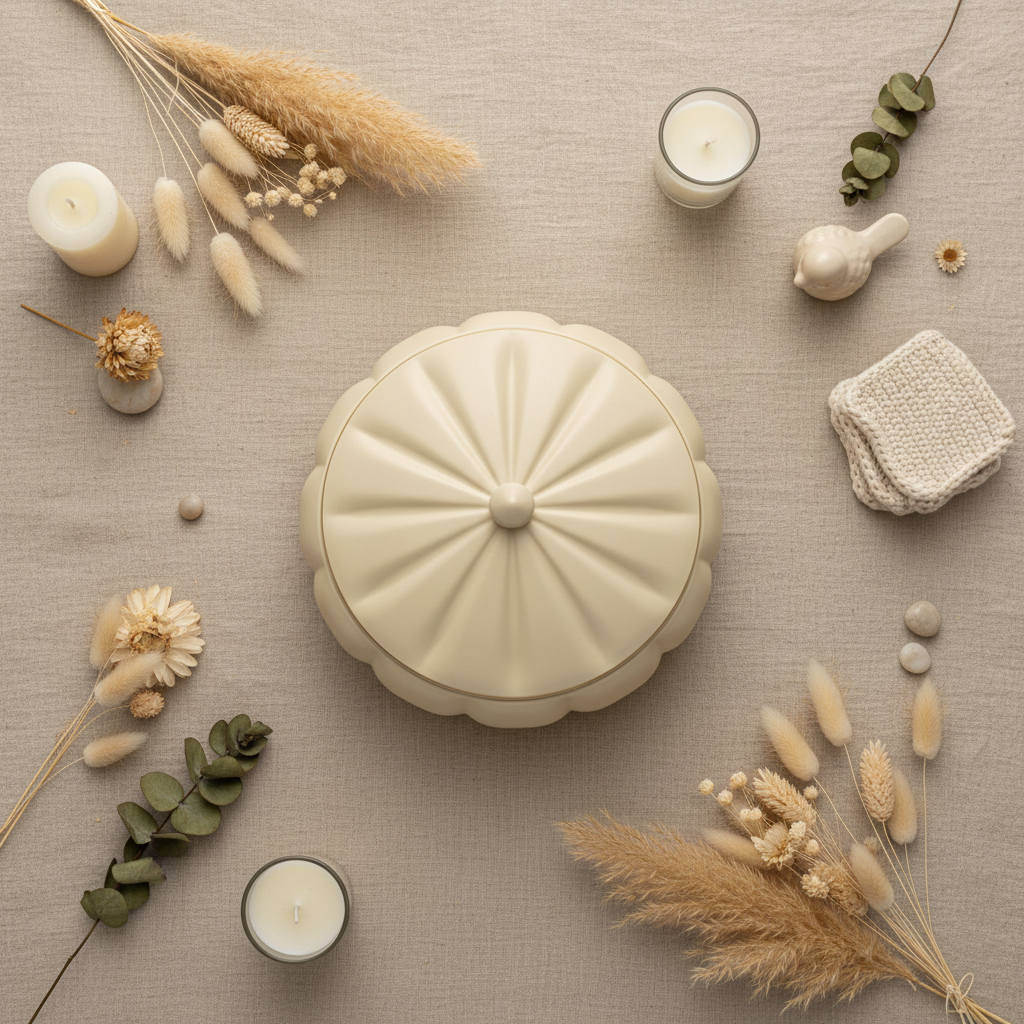Hamid Cream Ceramic Candy Box with Lid | Scalloped Pumpkin Design | 10.25cm