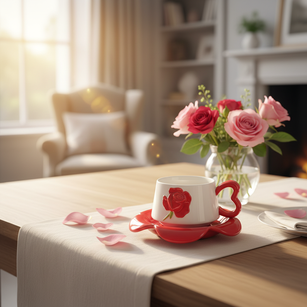 AKDC Ceramic Cup and Saucer Set – Red with White Flower Pattern, 350 ml Coffee & Tea Cup