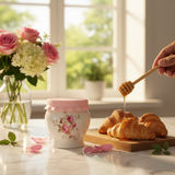 Solecasa White Ceramic Honey Jar with Floral Design & Pink Silicone Lid — 300ml