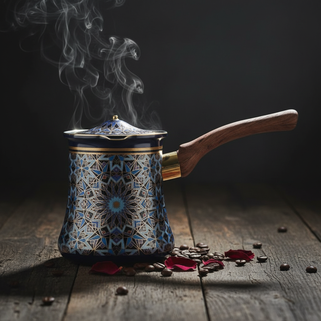 Blue & Black Decorative Metal Coffee Warmer with Mosaic Islamic Geometric Pattern, Wooden Handle & Lid – 400ml