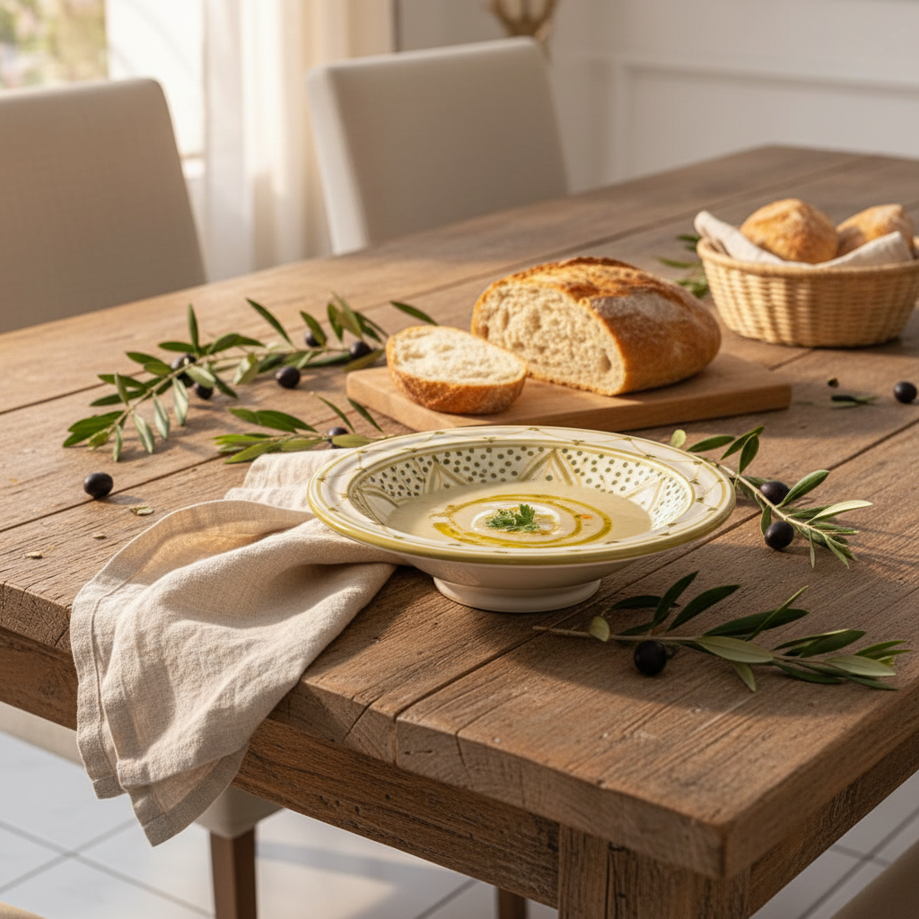 Slama Cream & Olive Gold Ceramic Soup Bowl - 23cm