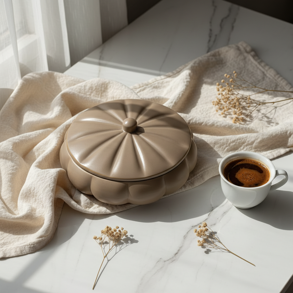 Hamid Ceramic Candy Box with Lid | Scalloped Petal Design | 10.25cm | Warm Brown