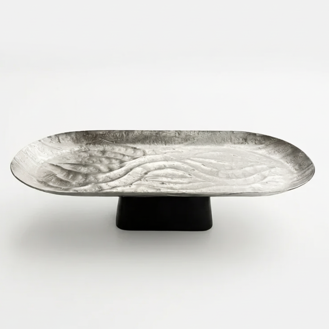 Luhpar Wave Textured Aluminium Oval Pedestal Dish with Black Wooden Base - 50×18×13cm - 74894-B