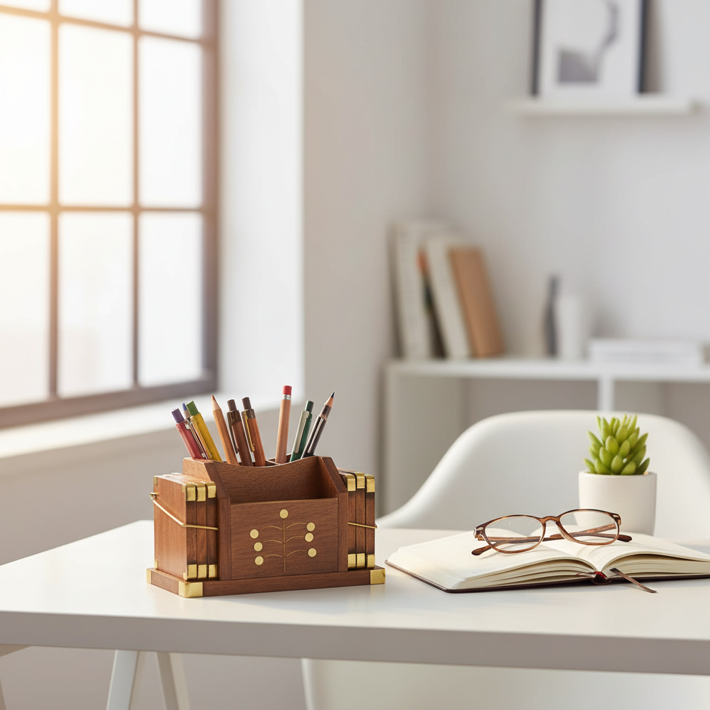 Wooden Pen Organizer with Brass Accents - 15×9 cm