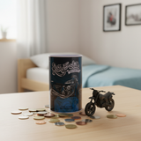 Ride and Slide Scrambler Metal Coin Saving Bank Tin Box | Motorcycle Graphic Piggy Bank for Kids & Adults | Cylindrical Money Box with Slot Lid | 13×8cm | Dark Navy Blue