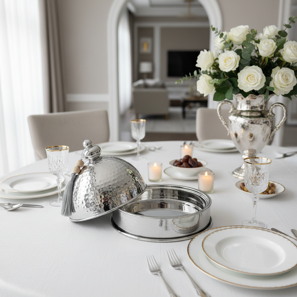 AKDC Metal Tajine Serving Bowl – Luxury Silver Finish, Decorative Arabic Style Tableware, 30 cm