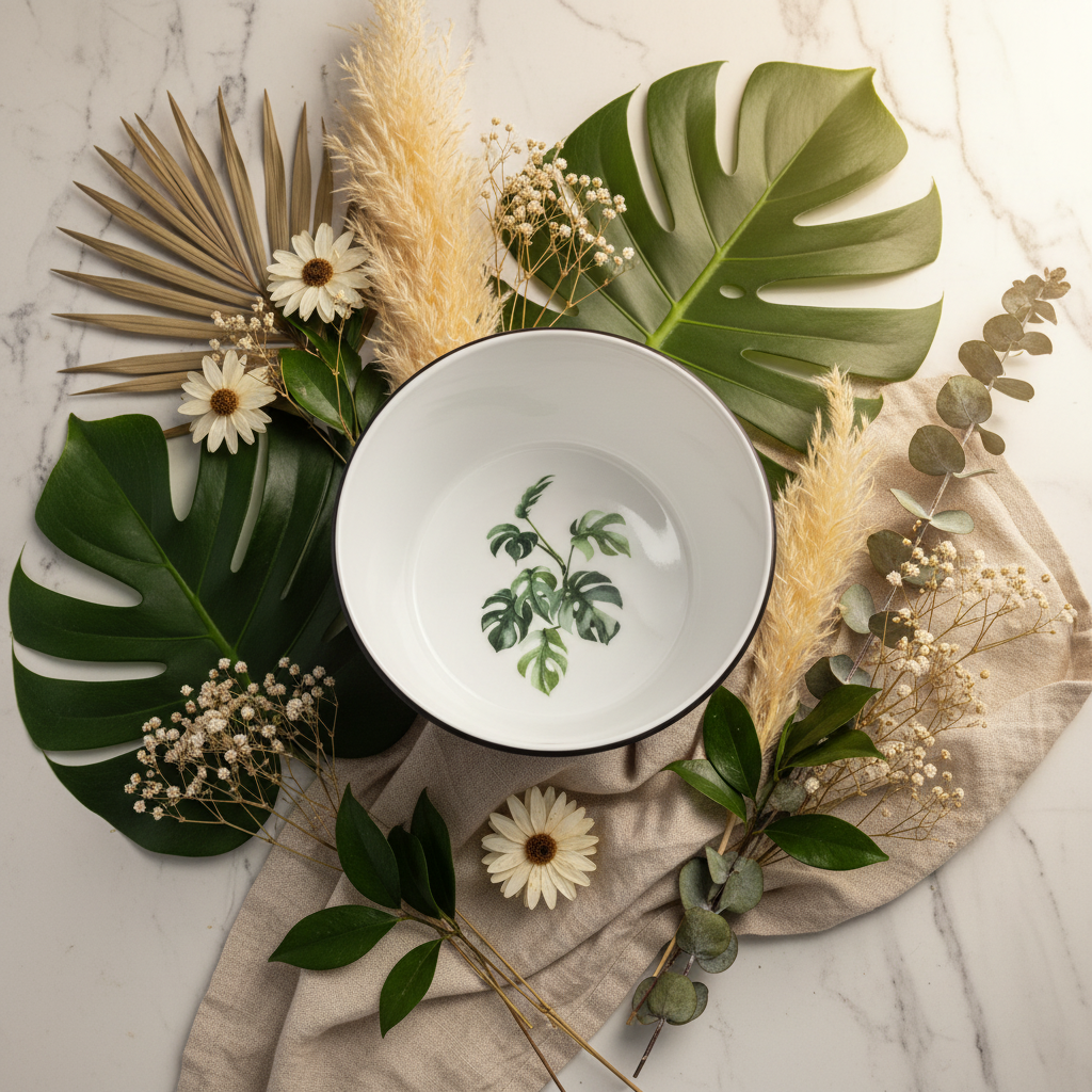 Royalford Black & White Melamine Bowl with Green Leaf Design 6 Inch