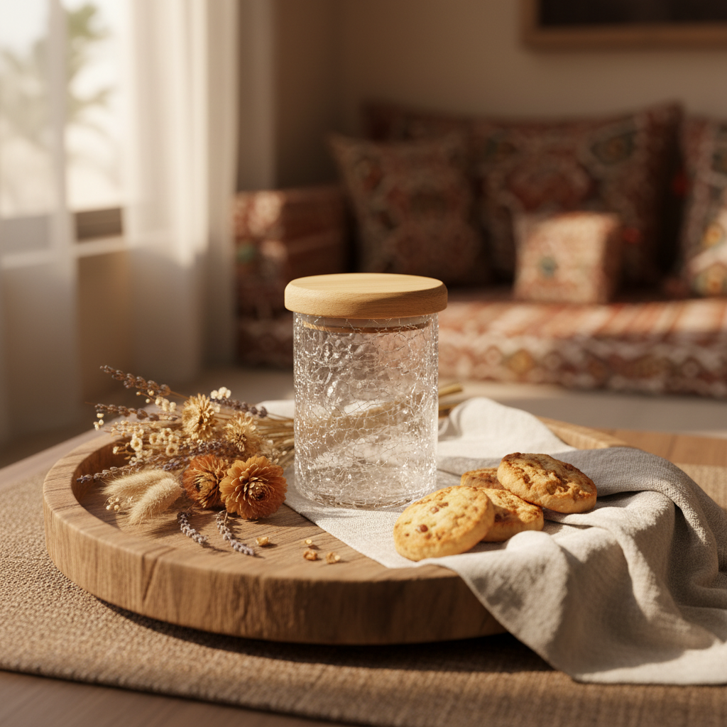 Ameco Crackle Glass Canister with Acacia Wooden Lid | Airtight Kitchen Storage Jar | 500ml / 1000ml |