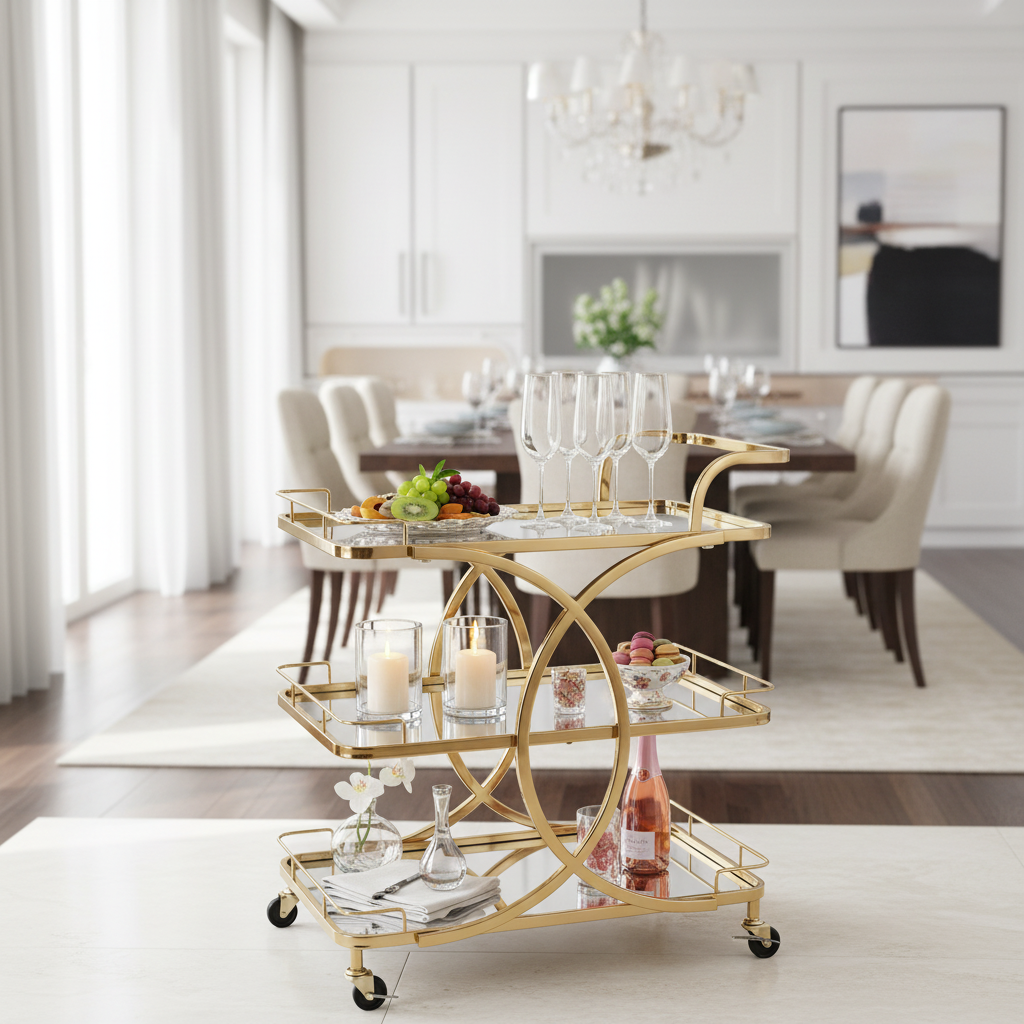 Life Smile 3-Tier Gold Metal & Mirror Glass Serving Trolley | Luxury Rolling Cart with Circular Frame Design | 80×70×40 cm | Multi-Purpose Home, Majlis & Dining Trolley |