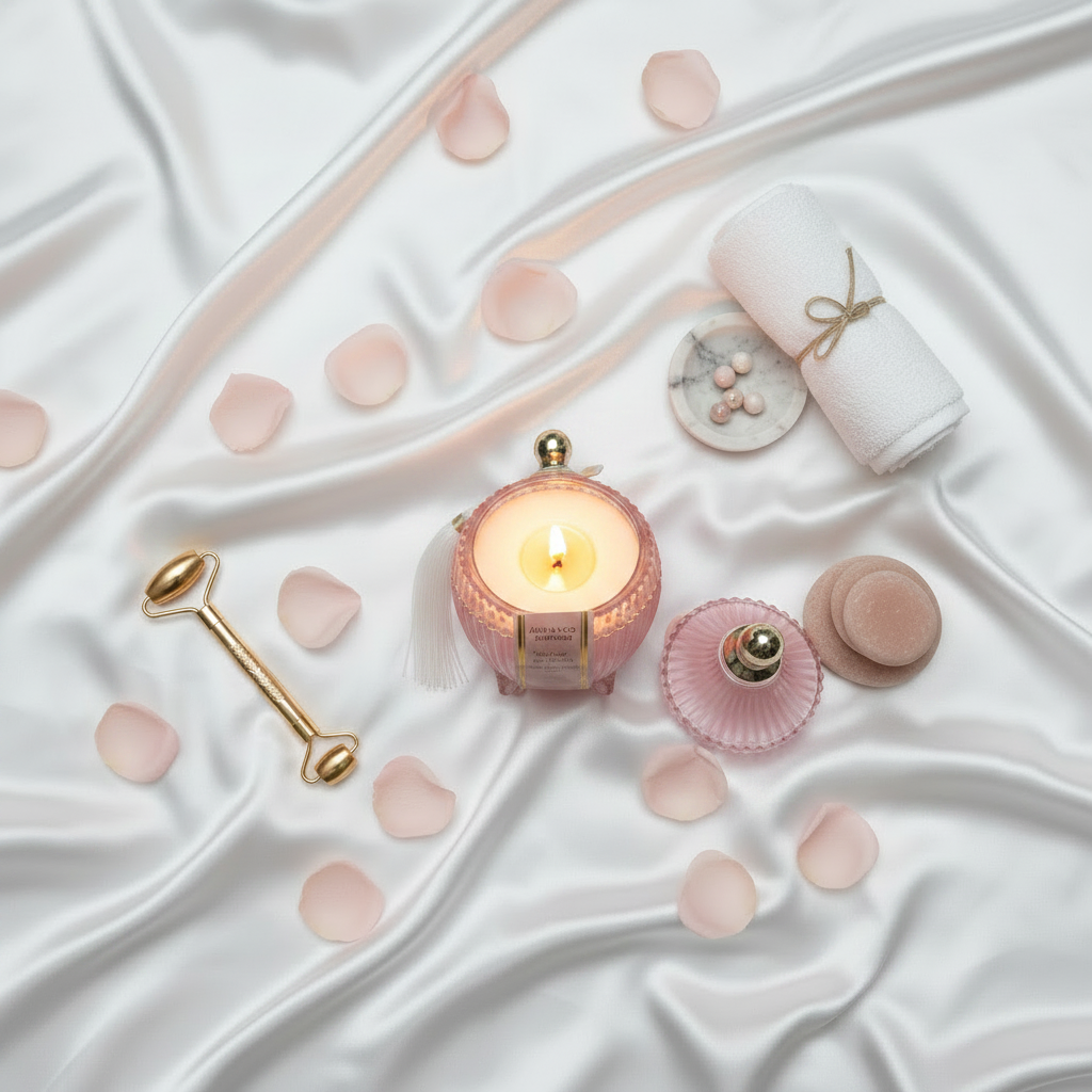 AURA+CO Luxury Scented Candle | Glass Jar with Lid | 12-Hour Burn Time | 10×10cm | Rose Petals & Jasmine / French Vanilla