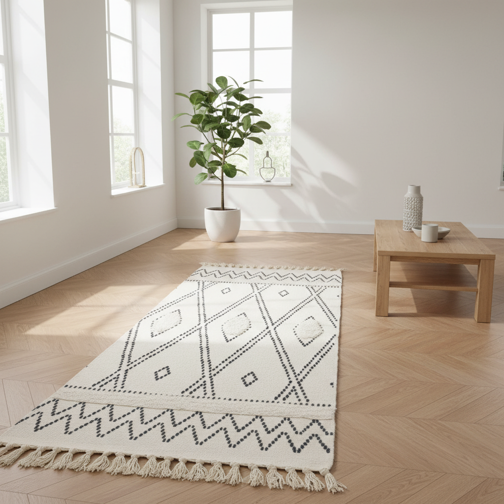 Handcrafted Moroccan Berber Flatweave Carpet | Geometric Diamond & Zigzag Pattern | 50% Cotton 50% Polyester | 60×180 cm | Ivory & Black |