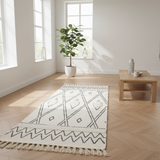 Handcrafted Moroccan Berber Flatweave Carpet | Geometric Diamond & Zigzag Pattern | 50% Cotton 50% Polyester | 60×180 cm | Ivory & Black |