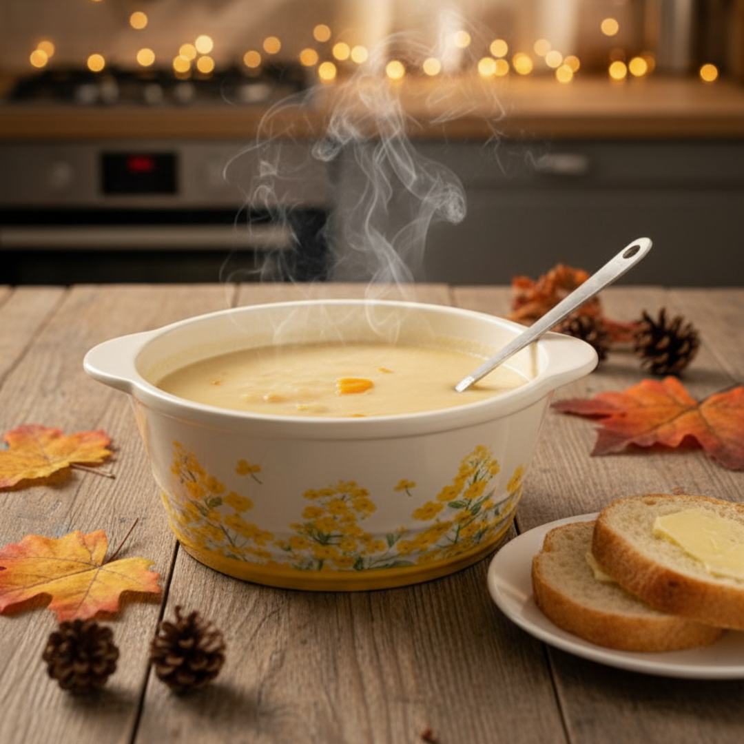 Decetime White Porcelain Soup Pot with Yellow Flower Design & Glass Lid | 850ml