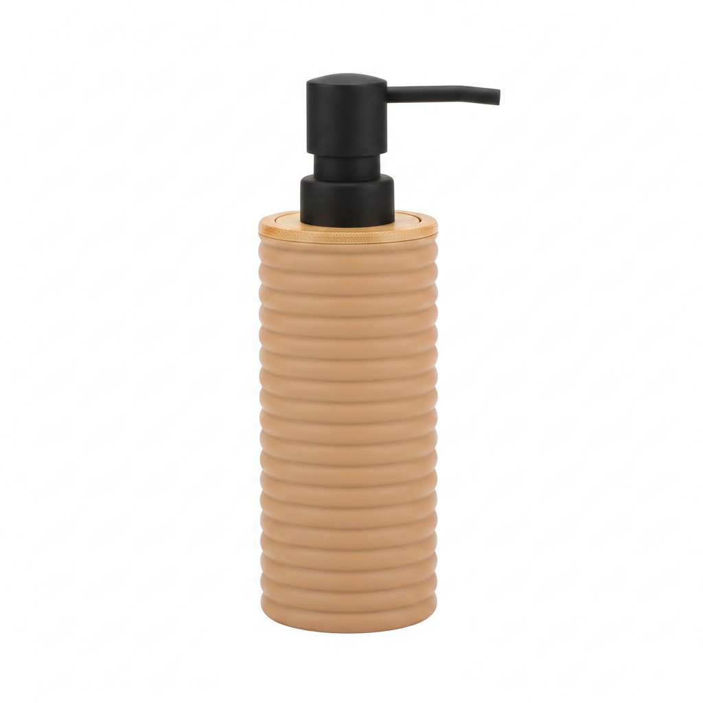 White Ribbed Plastic Liquid Soap Dispenser - 400ml - White / Black / Peach