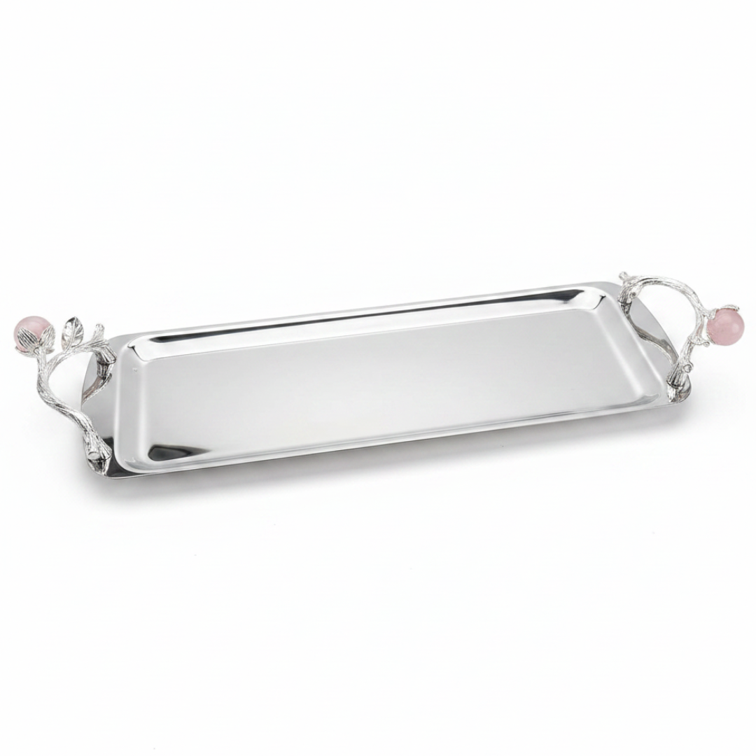 Silver Stainless Steel Rectangle Cake & Serving Tray with Ornate Floral Handles & Rose Quartz Accent – 35×12cm / 45×12cm