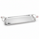 Silver Stainless Steel Rectangle Cake & Serving Tray with Ornate Floral Handles & Rose Quartz Accent – 35×12cm / 45×12cm