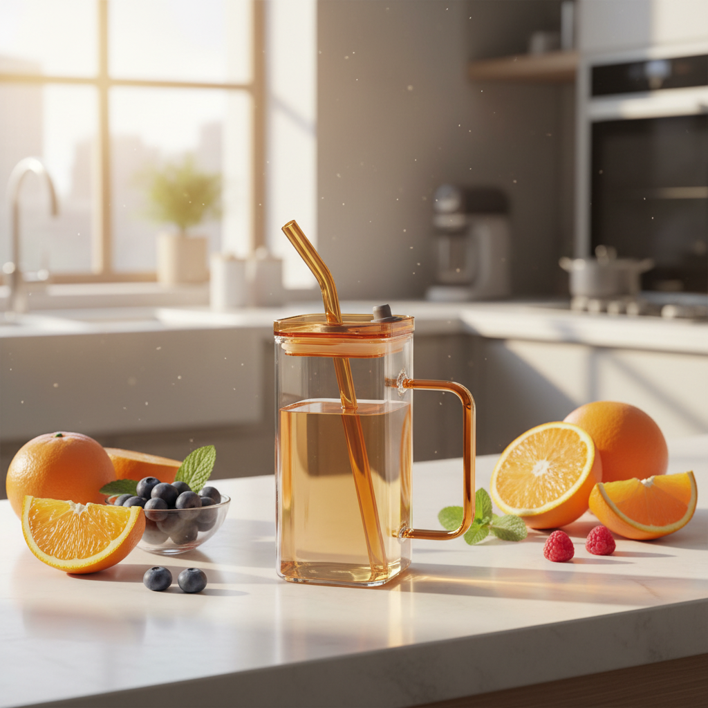 Yuniverse Square Glass Juice Mug with Straw — 400ml