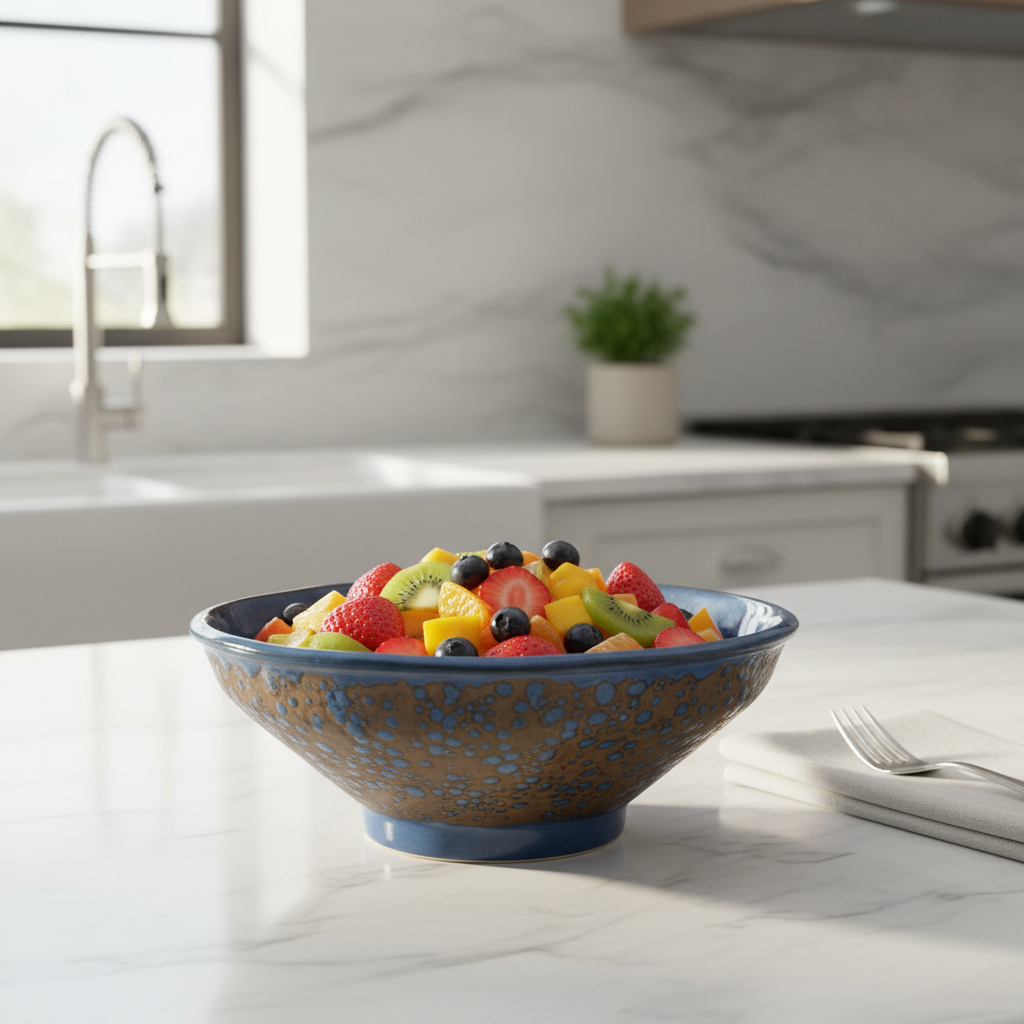 Navy Blue & Brown Round Reactive Glaze Ceramic Serving Bowl 25cm