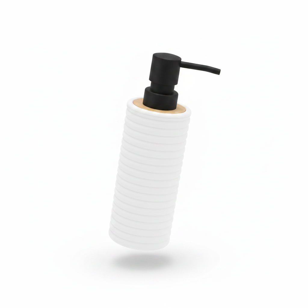 White Ribbed Plastic Liquid Soap Dispenser - 400ml - White / Black / Peach