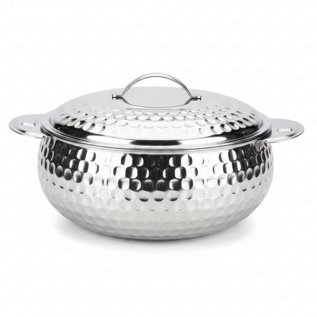 Pradeep Shahla Silver Stainless Steel Hotpot | Hammered Diamond-Texture Insulated Casserole Dish with Lid & Handles |