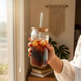 Sakha Iridescent Ribbed Glass Jar with Bamboo Lid & Glass Straw — 470ml