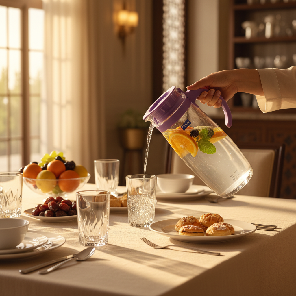 Ocean glass pitcher jug with purple plastic lid & handle 1660ml