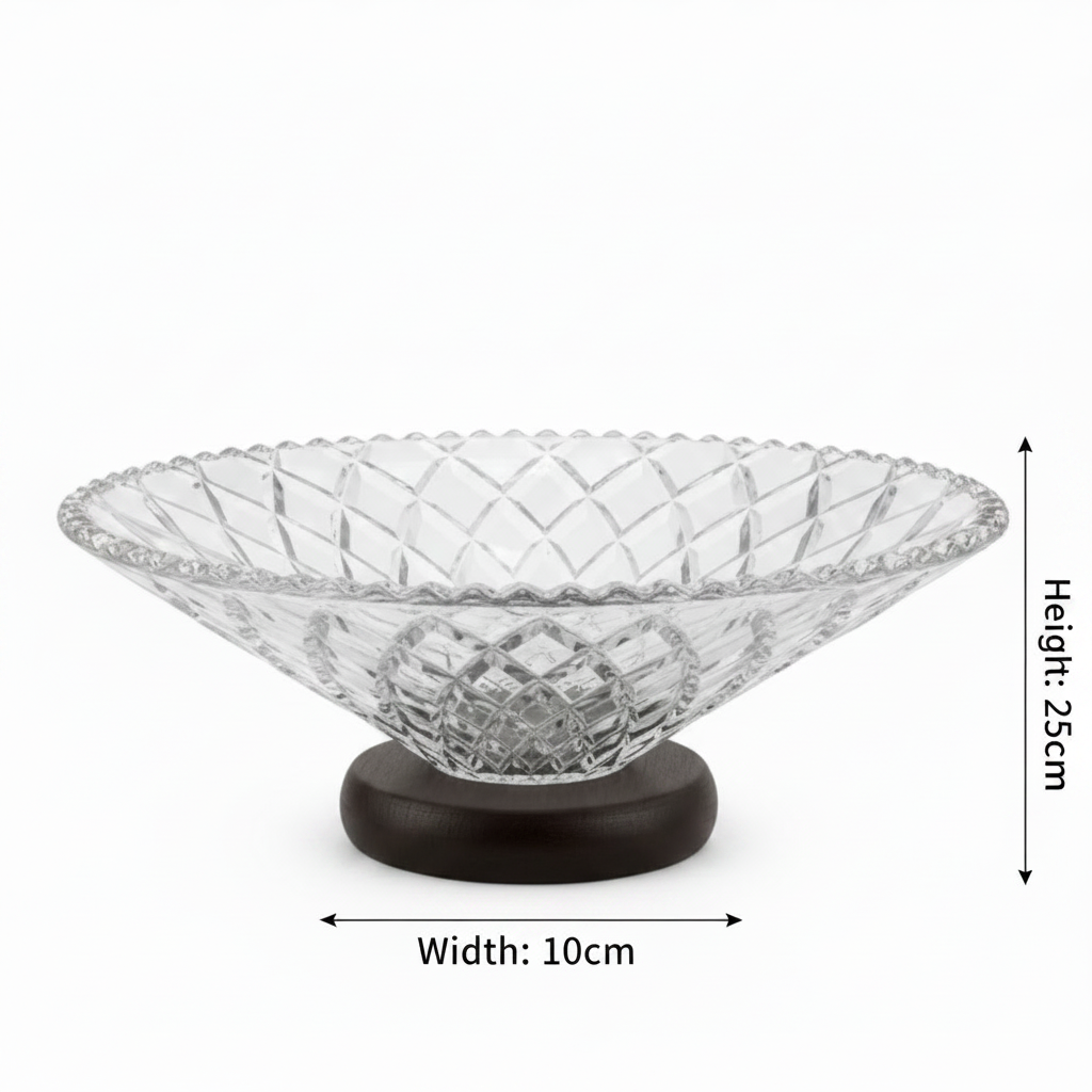 Crystal Diamond-Cut Glass Fruit Bowl with Wooden Base - 25×10 cm