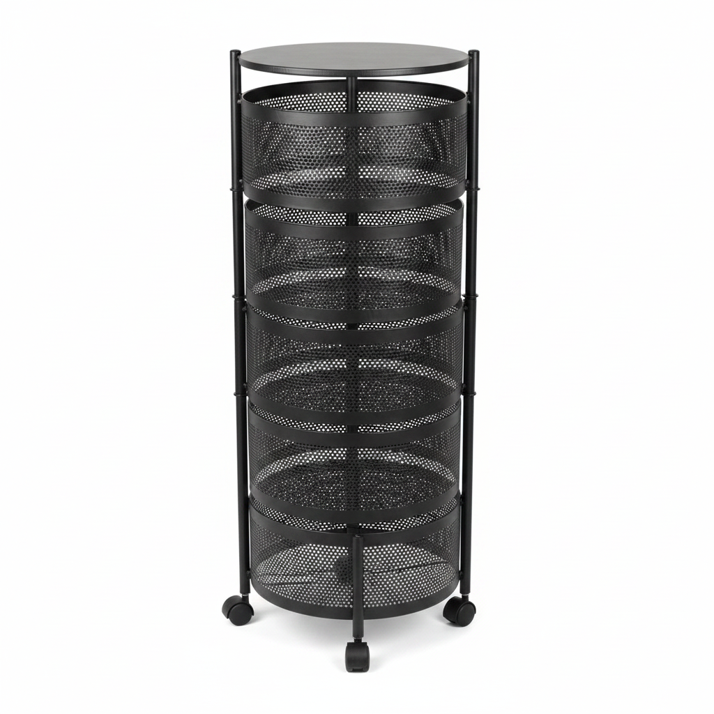 Black 5-Tier Rotating Round Storage Basket with Wheels - 90×30cm