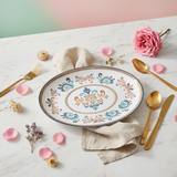 Vague White Oval Melamine Serving Plate with Navy Blue Folk Art Design & Rim — 14 Inch