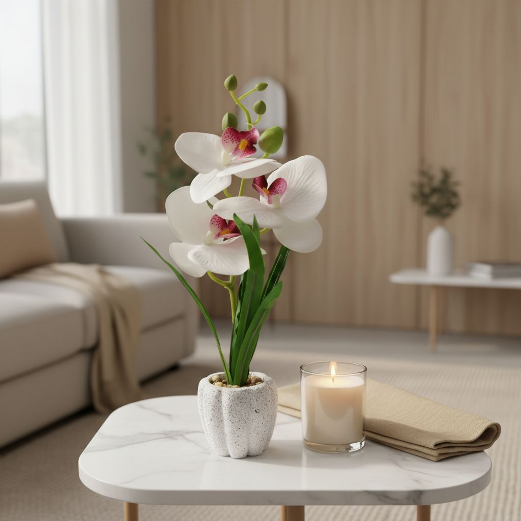 Artificial White Orchid Plant in Chalk Speckled Pot - 35cm
