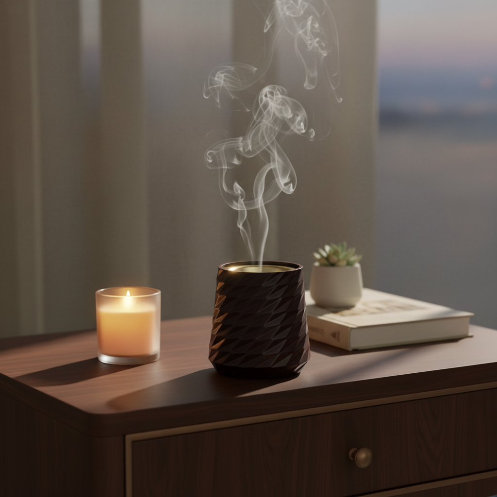 Brown Elegant Geometric Incense Burner | Dark Ceramic with Gold Interior | 10×7cm