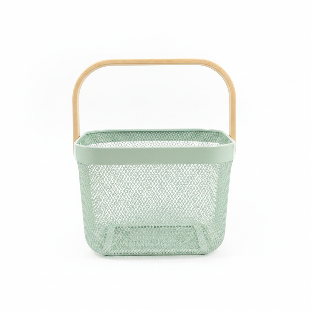 Lizhi Metal Mesh Basket with Wooden Handle — 18×24cm - Pink / Grey / Light Green / Cream