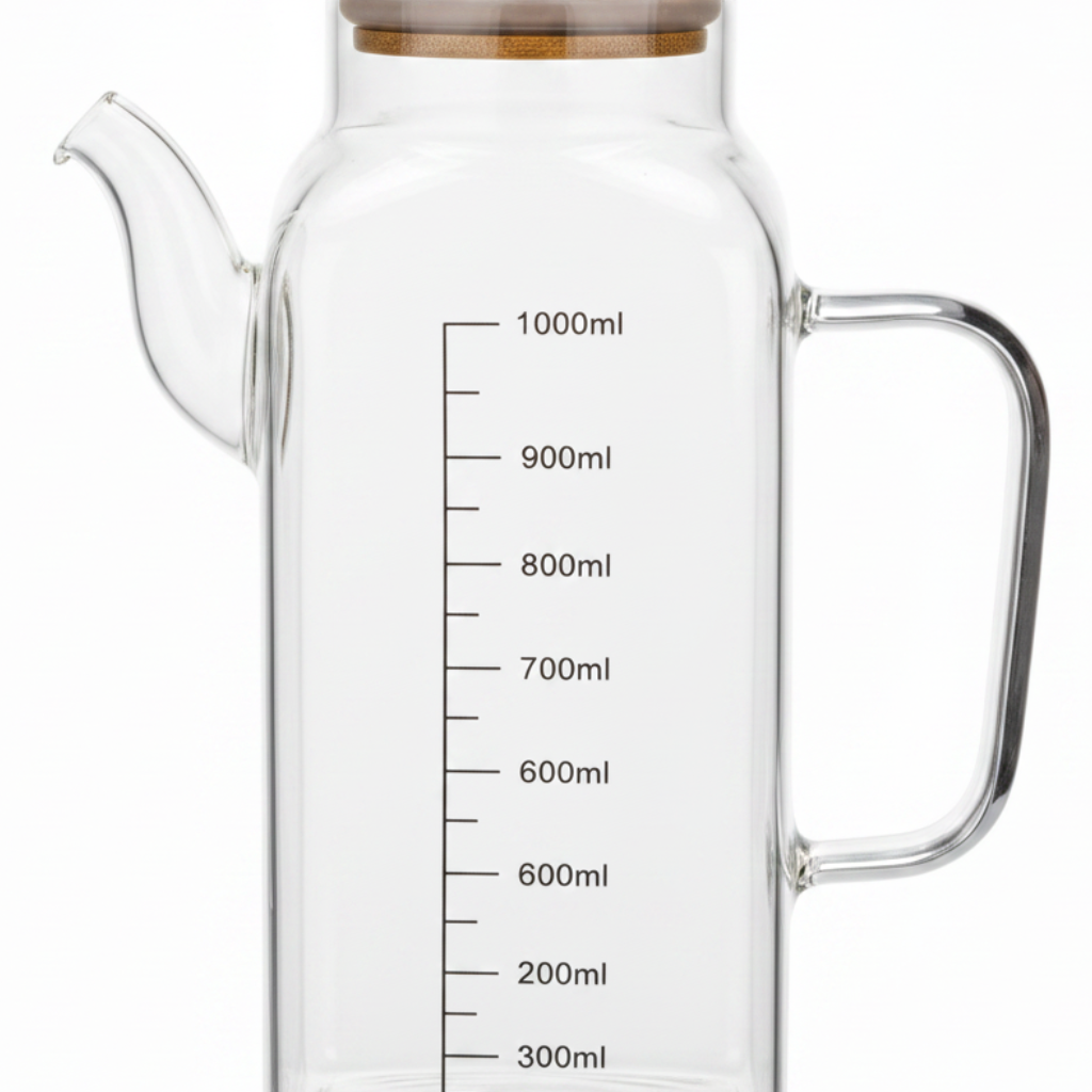 Glass Oil Pot with Bamboo Lid & Measurement Markings – 1 Litre