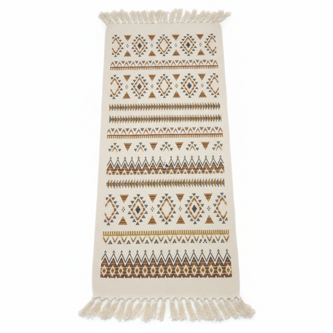 Handcrafted Moroccan Berber Flat Weave Runner Carpet | Geometric Tribal Pattern | 50% Cotton 50% Polyester | 60×180 cm | Cream White with Brown & Gold Motifs