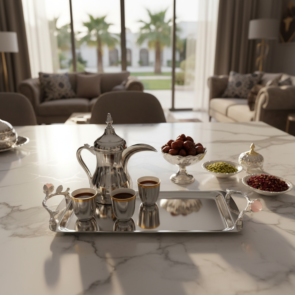 Silver Stainless Steel Rectangle Cake & Serving Tray with Ornate Floral Handles & Rose Quartz Accent – 35×12cm / 45×12cm