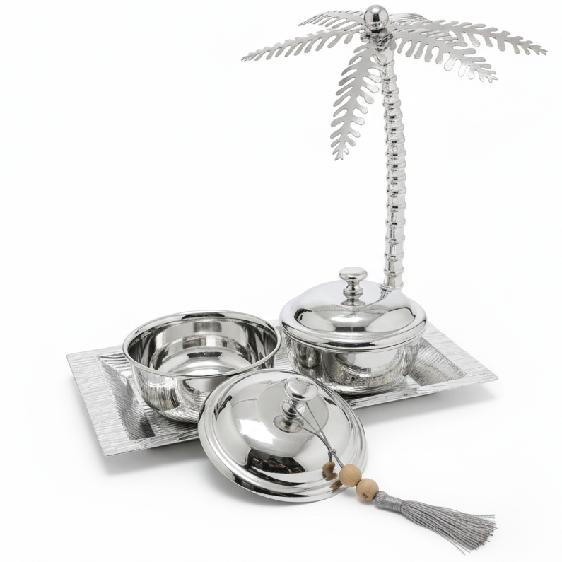 AKDC Rectangular Metal Tray with 2 Candy Bowls – Luxury Silver Finish, Party & Dining Serving Set, 30 × 29 × 17 cm