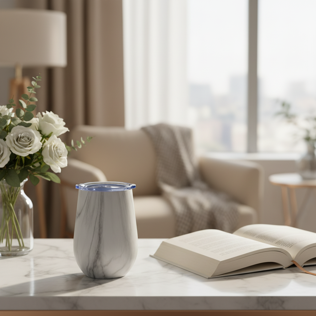 Elegant White Marble Stainless Steel Vacuum Cup with Lid | 360ml