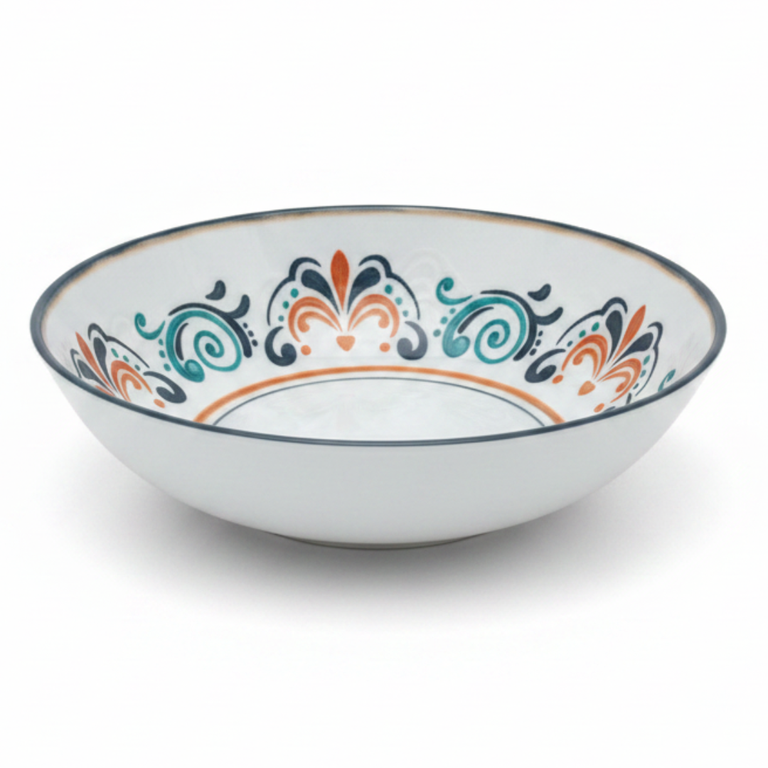 Vague White Melamine Salad Bowl with Navy Blue Arabesque Design & Rim — 7.5 Inch