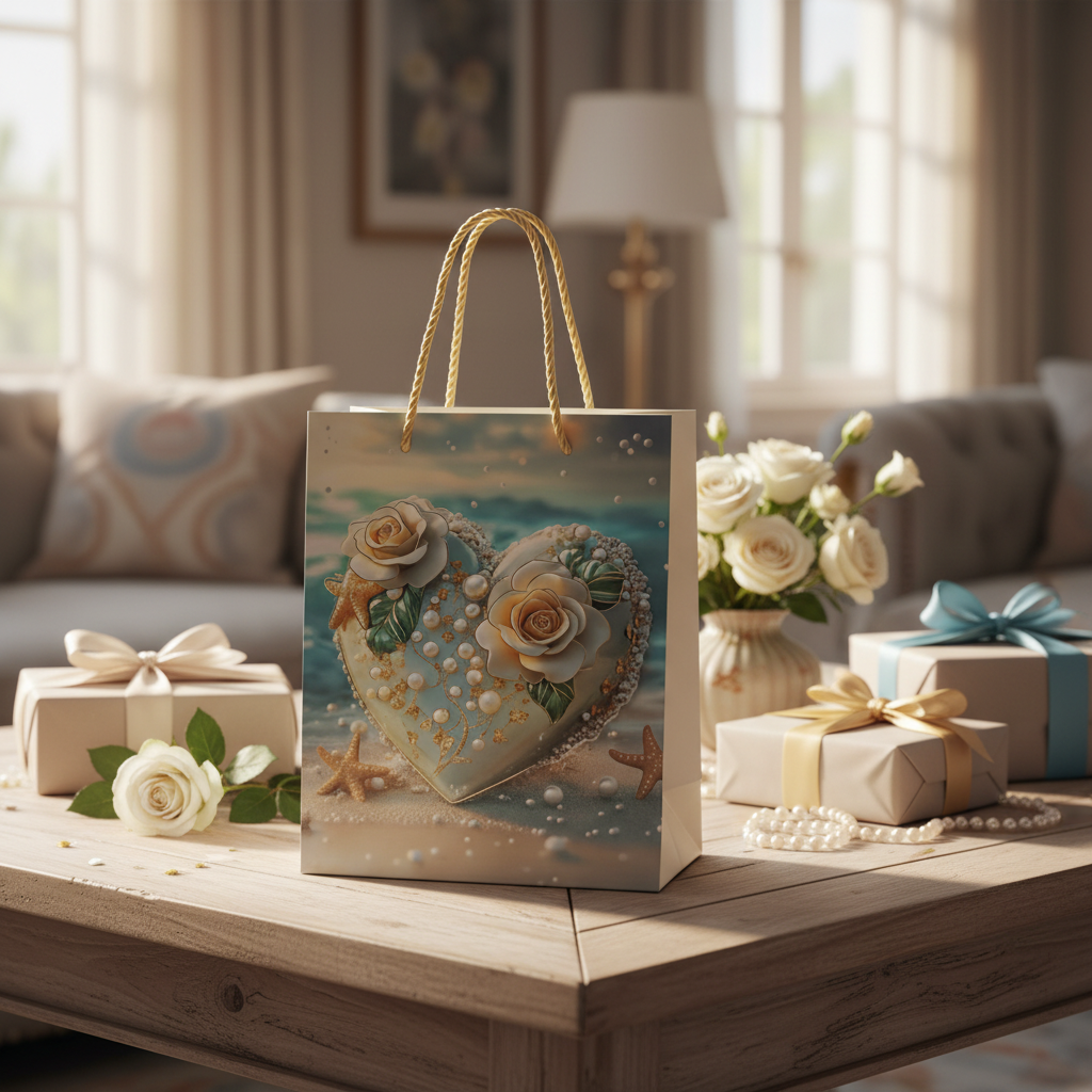 Teal & Ivory Pearl Heart Paper Gift Bag - 23×18cm
