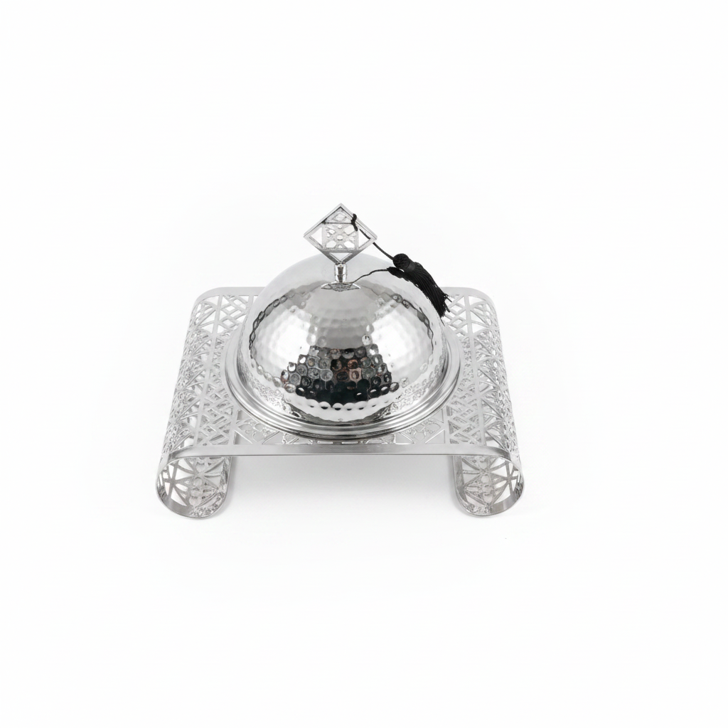 Silver Metal Candy Plate with Dome Lid & Ornate Base - 25×20cm