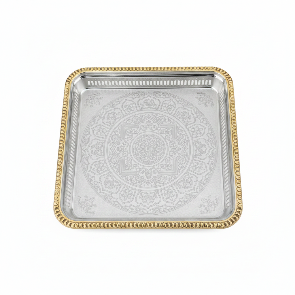 Zolten Square Gold & Silver Metal Serving Tray - 28×28 cm