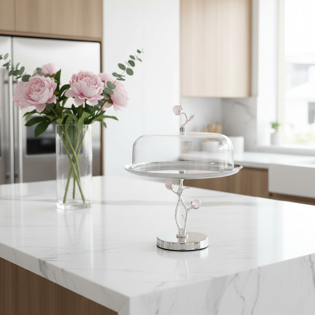 Silver Stainless Steel Footed Cake Stand with Clear Acrylic Dome Cover | 25×25 cm |